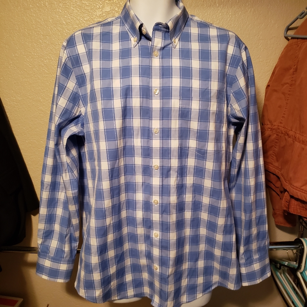 Charles Tyrwhitt Slim Fit Non-Iron Large Plaid Cotton Dress Shirt Blue White
